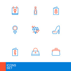 Set line Handbag, Greeting card with 8 March, Woman shoe, Female gender symbol, Diamond, and Champagne bottle icon. Vector