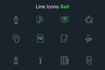 Set line Paint bucket, Watercolor paints box, Magic wand, Tube with palette, spray gun, Notebook, Computer design program and icon. Vector
