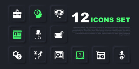 Set Pie chart infographic, Business investor, Office chair, Laptop with dollar, Resume, Push pin, man planning mind and Safe icon. Vector