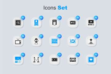 Set VHS video cassette tape, Science fiction, Stereo speaker, Cinema auditorium with screen, Like heart, Movie trophy, Plus 16 movie and Full HD 1080p icon. Vector