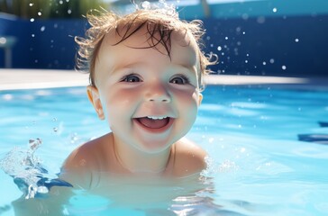 Fototapeta na wymiar Happy baby swimming with a big smile