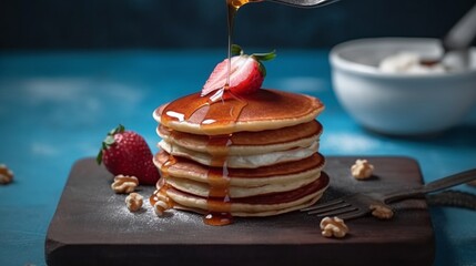 Pancake stack with a strawberry on it