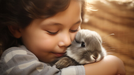 copy space, stockphoto, cute little child cuddling a cute rabbit. Love and affection between a cute rabbit and a young child. Beautiful design for a calendar.
