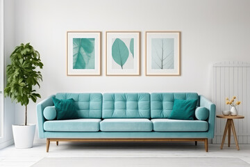 Scandinavian modern living room featuring a teal sofa and stylish interior design.
