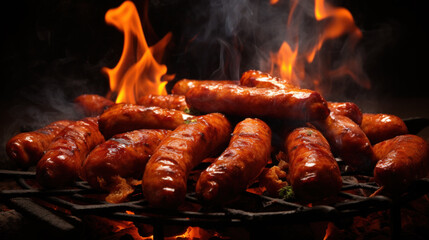 Grilled juicy sausages on a grill with fire. Shallow depth of field
