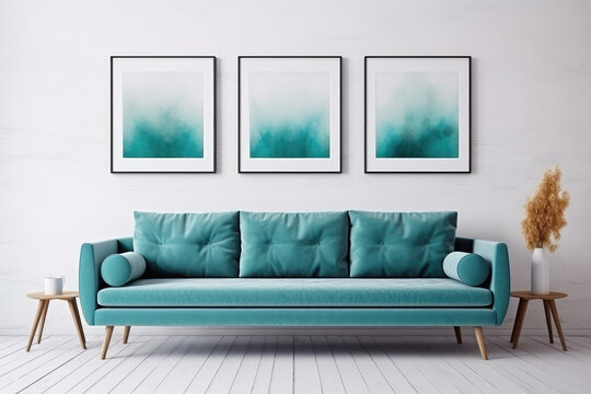 Scandinavian modern living room featuring a teal sofa and stylish interior design.