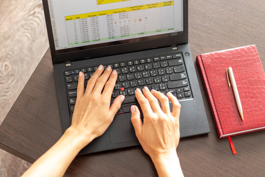 Shot of a woman working on the laptop showing an excel sheet on the screen with bank loan amortization table. Finance