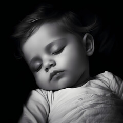 Black and white photo of a baby peacefully napping, shot with a portrait lens Generative AI