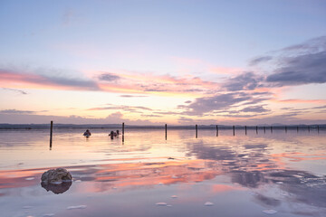 Sunset on the salt lagoon with reflections of clouds and silhouettes of reflections