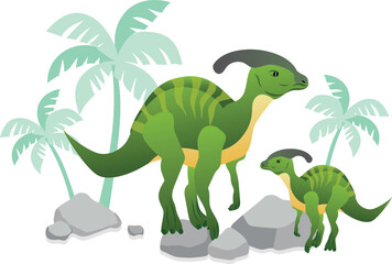 Fototapeta premium Parasaurolophus dinosaur vector illustration with palms and stones.