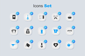 Set Chef hat, Scales, Kitchen whisk, Frying pan on fire, Cooking pot, colander, Cookbook and Pepper icon. Vector