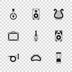 Set Tambourine, Stereo speaker, African djembe drum, Violin, Ancient Greek lyre, Banjo, and Guitar amplifier icon. Vector - obrazy, fototapety, plakaty