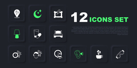 Set Chamomile tea, Eye sleep mask, Sleeping pill, Earplugs and ear, Table lamp, Dreams, Moon stars and Alarm clock icon. Vector