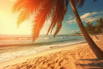 Scenic beach with palm tree, sunlight, leaf, sea, sand, sun, and sky. Generative AI