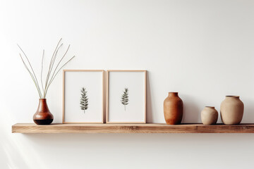 Modern living room interior design with a wood floating shelf adorned with frames and vases on a white wall. Contemporary and stylish decor, providing storage and organization for a cozy living space. - obrazy, fototapety, plakaty