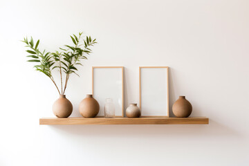 Modern living room interior design with a wood floating shelf adorned with frames and vases on a white wall. Contemporary and stylish decor, providing storage and organization for a cozy living space.