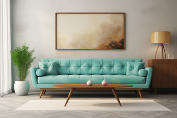 Mid-century modern living room with a stylish wooden coffee table and a vibrant turquoise sofa against a wall adorned with frames. The retro vintage interior design exudes comfort, contemporary space.