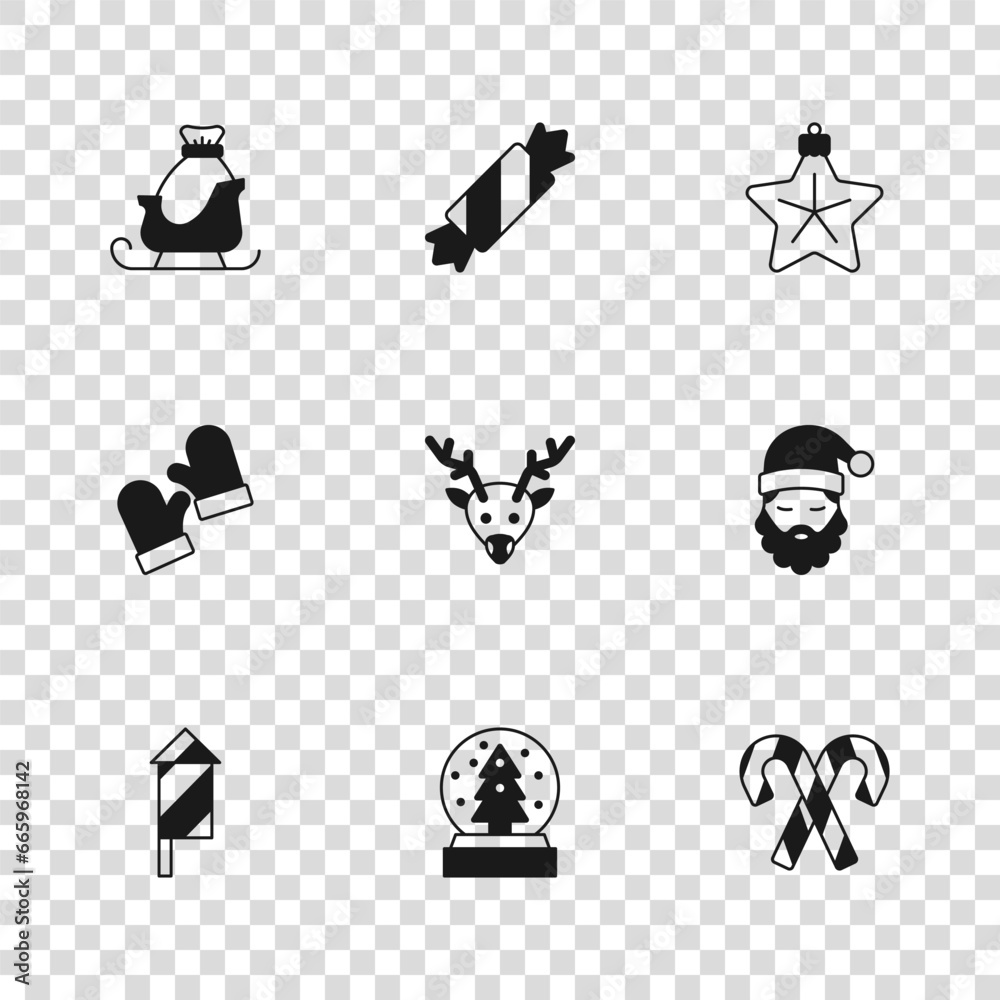 Canvas Prints Set Christmas snow globe, Santa Claus hat and beard, Candy cane with stripes, Reindeer, star, santa claus sleigh, and mittens icon. Vector