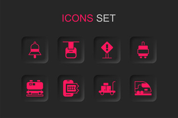 Set Online ticket booking, Cable car, Train station bell, Trolley suitcase, Suitcase, High-speed train, Exclamation mark square and Oil railway cistern icon. Vector