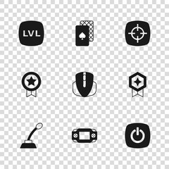 Set Portable video game console, Game rating with medal, Power button, Computer mouse, Target sport, Level, Playing cards and icon. Vector