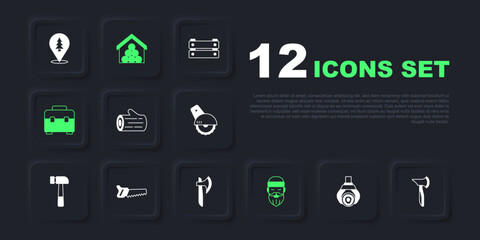 Set Grapple crane grabbed a log, Wooden axe, Lumberjack, Toolbox, Hand saw, logs and icon. Vector