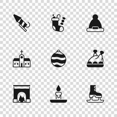 Set Burning candle, Roasted turkey or chicken, Skates, Christmas ball, Santa Claus hat, Firework rocket, stocking and Church building icon. Vector