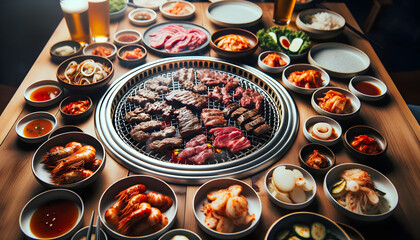 A vibrant Korean barbecue scene with various marinated meats grilling amidst a spread of delightful side dishes, capturing the essence of shared meals and camaraderie
