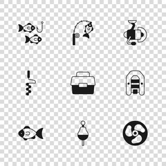 Set Fishing float, Inflatable boat with motor, Outboard, Case box for fishing, Spinning reel, hook, rod and and Hand ice drill icon. Vector