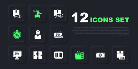 Set Stacks paper money cash, Item price tag with dollar, Happy customer, Shopping list, Stopwatch percent discount, Auction hammer and Barcode icon. Vector