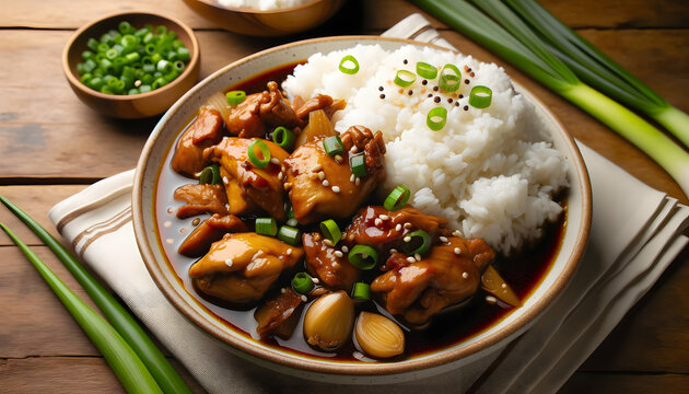 A hearty Filipino adobo dish, with chicken and pork immersed in a flavorful marinade, paired perfectly with steamed rice