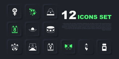 Set Flower tulip, Perfume, Elegant women hat, Gift bow, Calendar with 8 March, Envelope, Diamond and icon. Vector