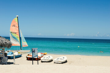 Varadero ,CUBA - APRIL 08, 2023 : The beach of Varadero in Cuba on a beautiful summer morning