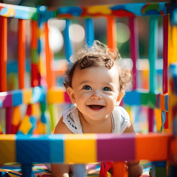 Photo of a baby in a cute and colorful playpen, taken with a fast prime lens for a playful vibe Generative AI