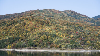 Fototapeta na wymiar Mountain with vegetation above the lake during the fall season. Image captured in the Carpathian Mountains of Romania