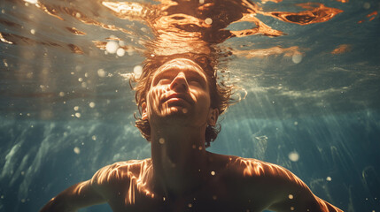man swimming underwater with sunlight shining on face through ripples - obrazy, fototapety, plakaty