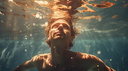 Foto op Aluminium man swimming underwater with sunlight shining on face through ripples © Ricky