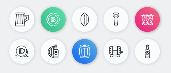Set line Wooden barrel, Dried fish, beer mug, on rack, Bottle opener, Hotdog sandwich, Beer bottle and wooden icon. Vector