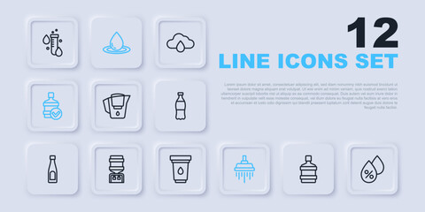 Set line Big bottle with clean water, Water drop percentage, jug filter, Shower, cooler, and cartridge icon. Vector