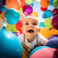 Fototapeta na wymiar Photo of a baby surrounded by colorful balloons, taken with a wide-angle lens for a playful feel Generative AI