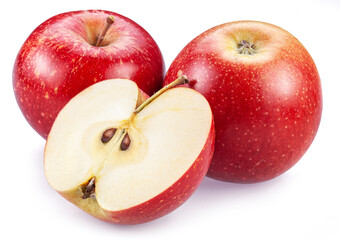Ripe red apples and apple slice isolated on white background.