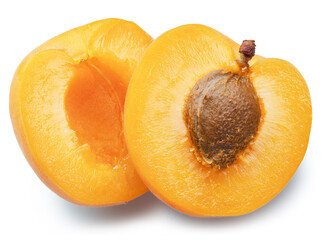 Ripe apricot halves on white background. File contains clipping path.
