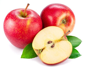 Ripe red apples and apple slice isolated on white background.
