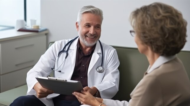 doctor consulting a patient in meeting in hospital for healthcare feedback or support. Happy, medical or nurse with a mature person talking or speaking of test results or advice