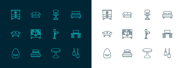 Set line Big bed, Floor lamp, Round table, Library bookshelf, Office chair, Chest of drawers and Sofa icon. Vector