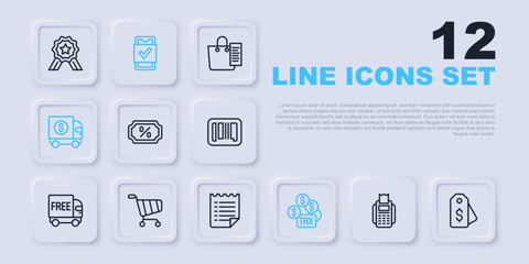 Set line POS terminal, Price tag with dollar, Discount percent, Tax payment, Armored truck, Shopping cart, Mobile shopping and Wish list template icon. Vector