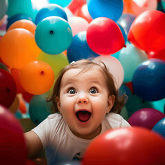 Fototapeta na wymiar Photo of a baby's fascination with colorful balloons, shot with a portrait lens Generative AI
