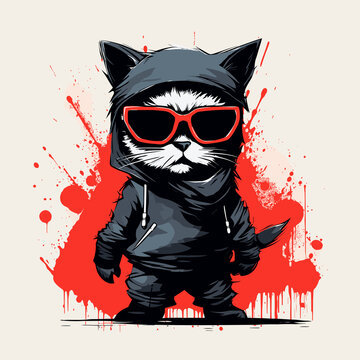 An energetic, minimalist cartoon ninja cat donning sunglasses, vibrant hair, and an mischievous grin