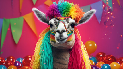 A lama celebrating birthday in rainbow colors - obrazy, fototapety, plakaty