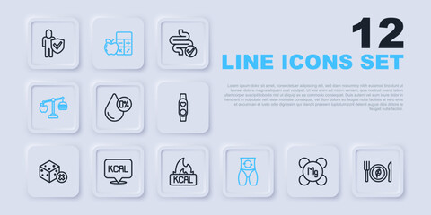 Set line Magnesium, Vegan food diet, Water balance, Metabolism, Calorie calculator, Kcal, and icon. Vector