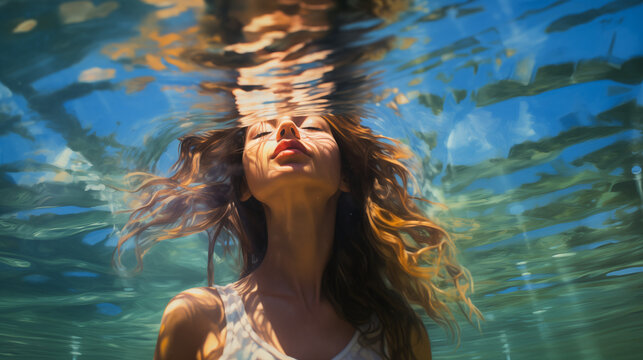 woman underwater closed eyes, with sunlight shining on face through ripples at surface